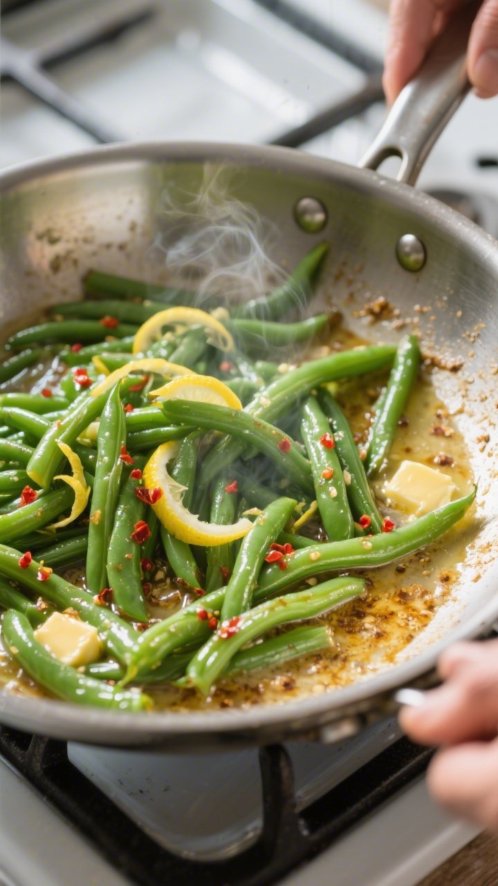 Cooking process: Overhead shot of blanched spring green beans being tossed in the reduced lemony pan