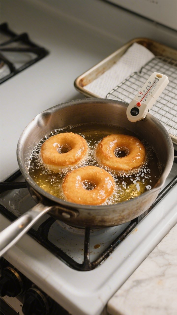 Cooking process: Overhead shot of donuts frying in a heavy pot of oil at 350°F, three donuts mid-bu