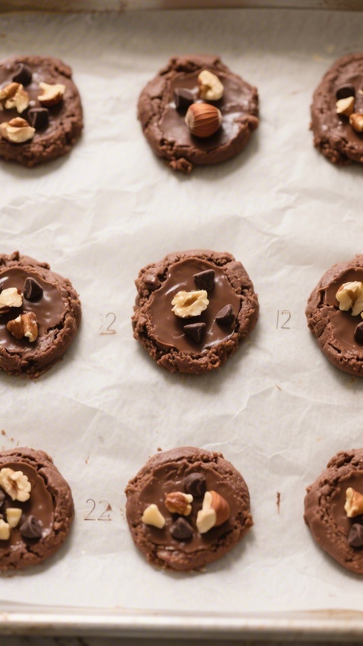 Cooking process: Overhead shot of portioned and lightly flattened Nutella cookie dough rounds on par