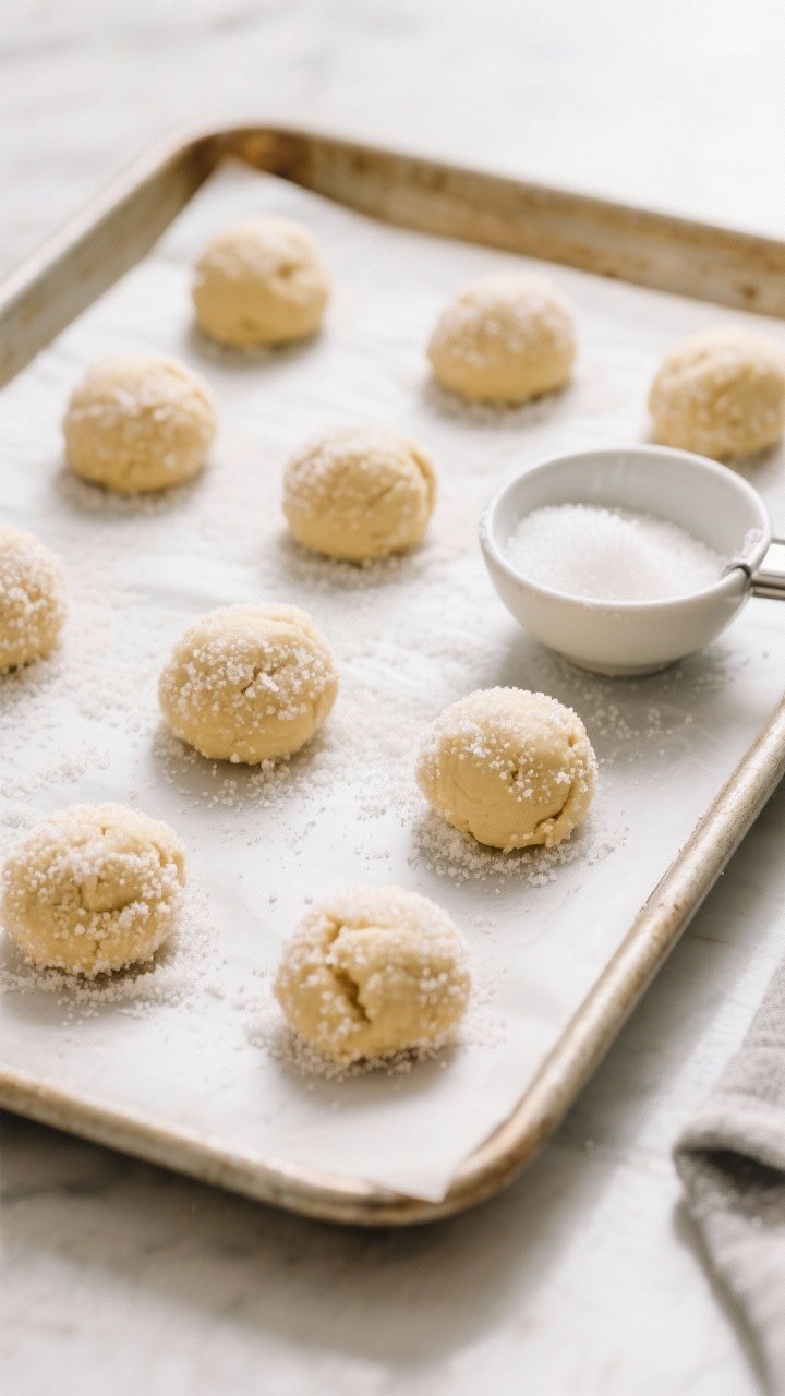 Cooking process: Overhead shot of portioned dough balls rolled in granulated sugar arranged 2 inches