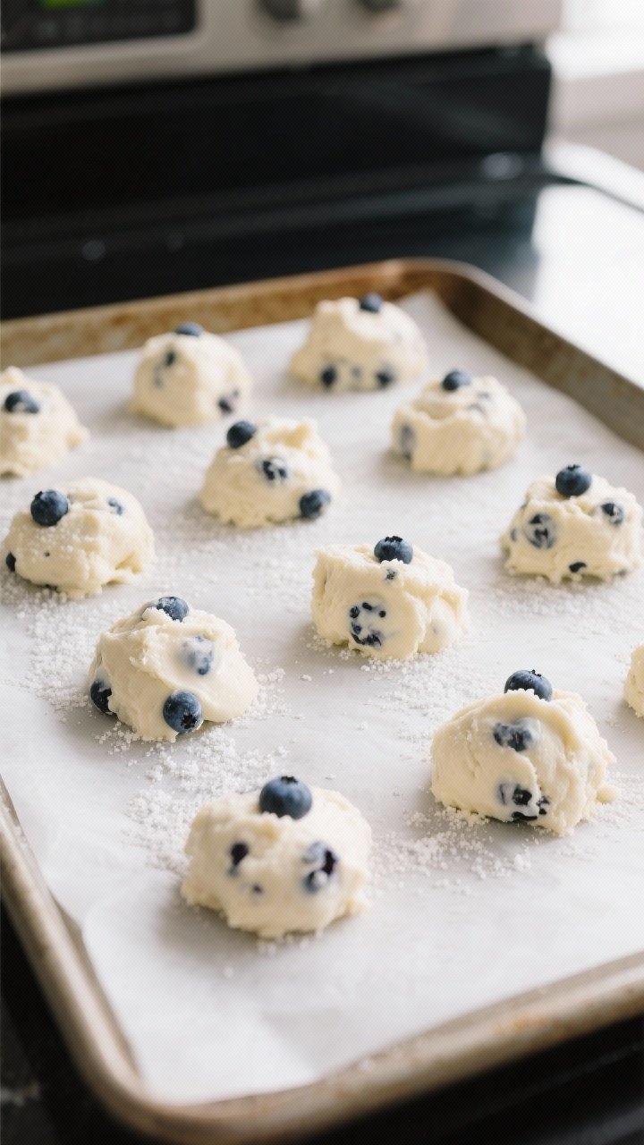 Cooking process: Overhead shot of scooped mounds of blueberry yogurt cookie dough on parchment-lined