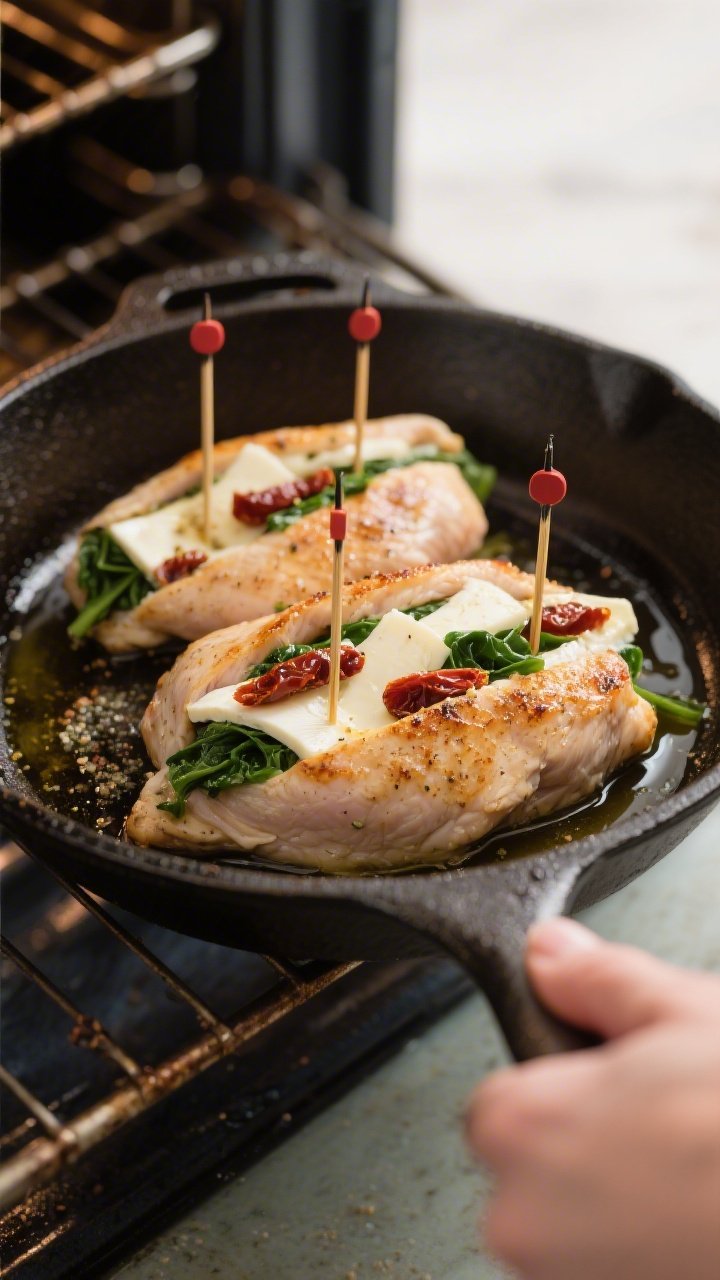 Cooking process: Overhead shot of stuffed and secured chicken breasts finishing in the oven-safe ski