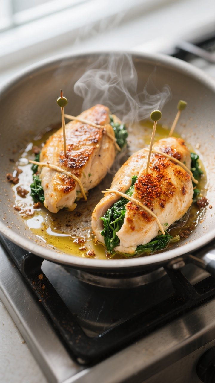 Cooking process: Overhead shot of stuffed chicken breasts being seared in a stainless skillet, golde