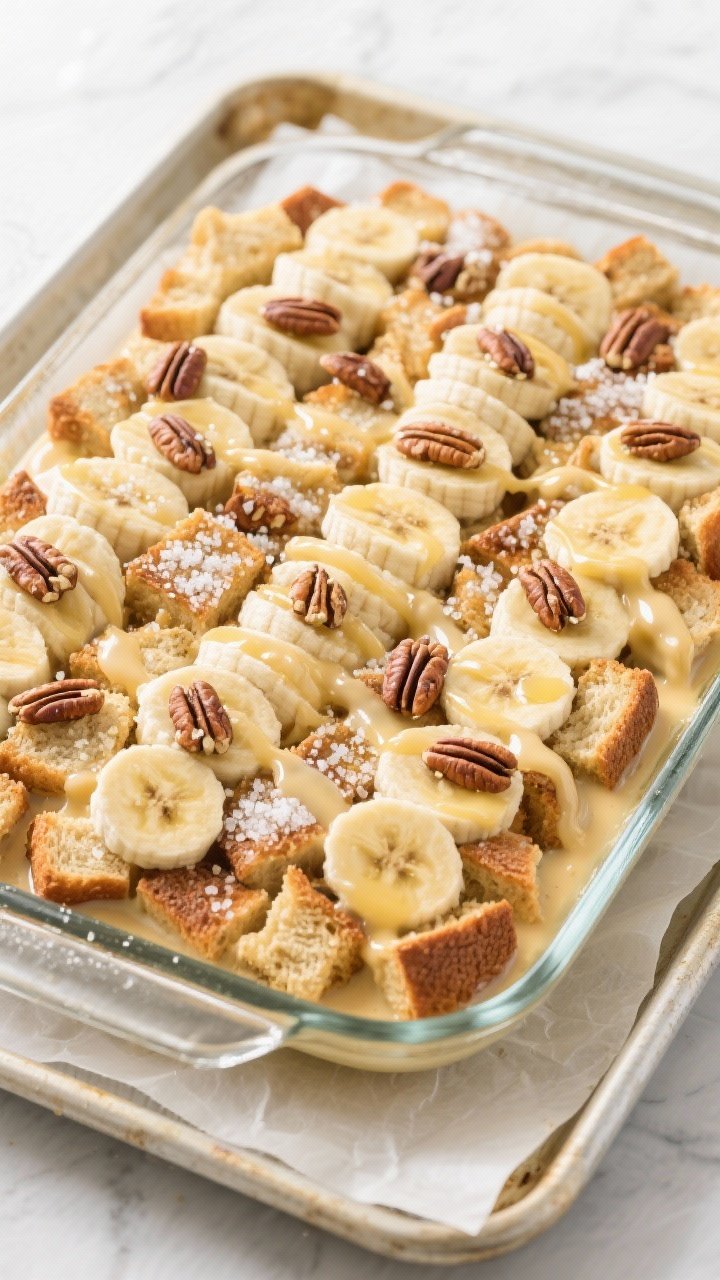 Cooking process: Overhead shot of the assembled casserole just before baking, fully prepared with sl
