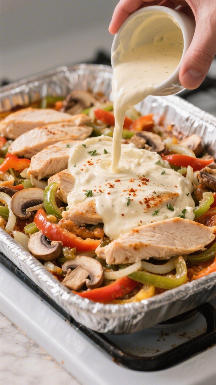 Cooking process: Overhead shot of the casserole being assembled in a greased 9x13 dish—an even lay