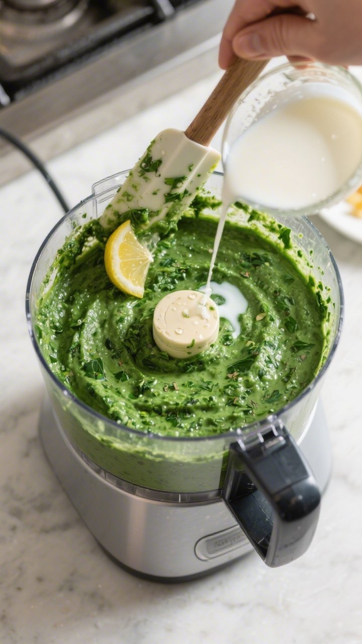 Cooking process: Overhead shot of the dip mid-blend in a high-powered blender/food processor, showin