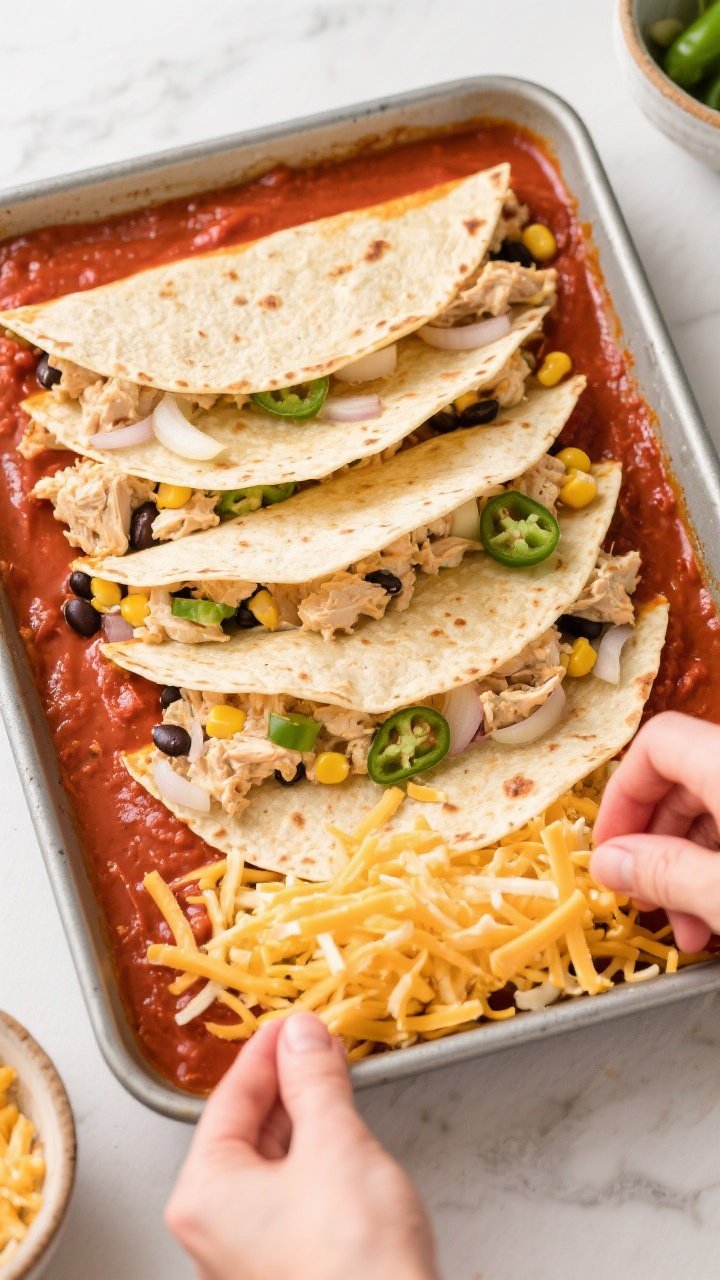 Cooking process: Overhead shot of the layering step in a 9x13 pan—corn tortillas overlapped on a b