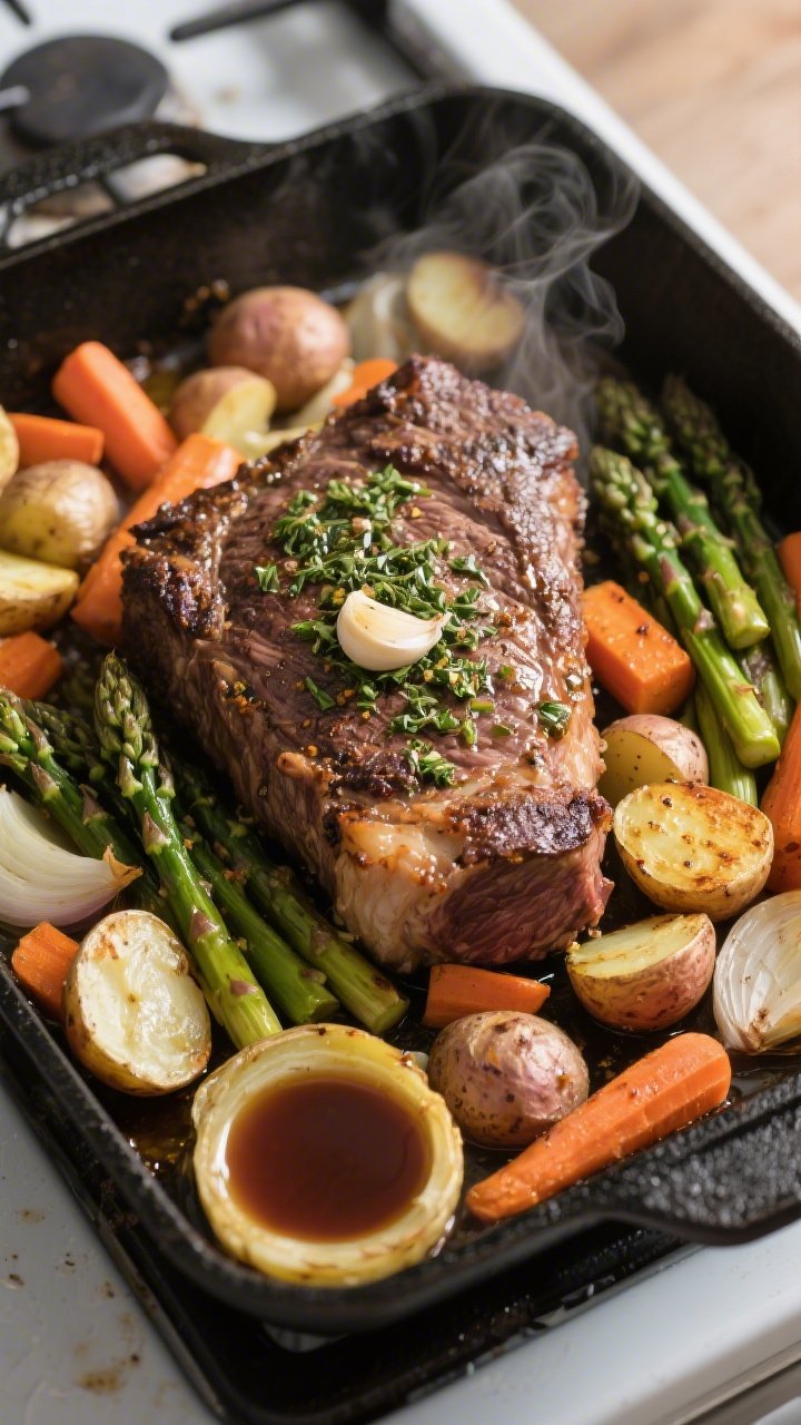 Cooking process: Overhead shot of the roast nestled among roasted baby potatoes, carrot chunks, and 