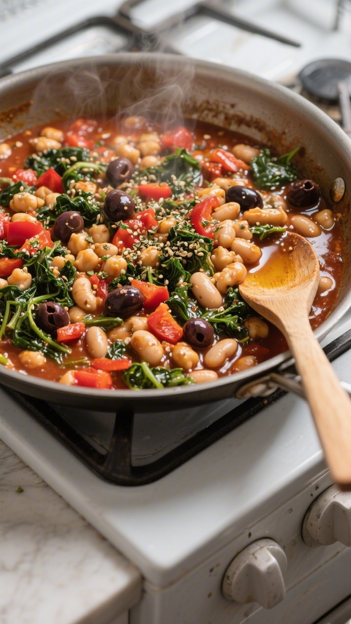 Cooking process: Overhead shot of the saucy bean and veggie mixture in a wide skillet right before t
