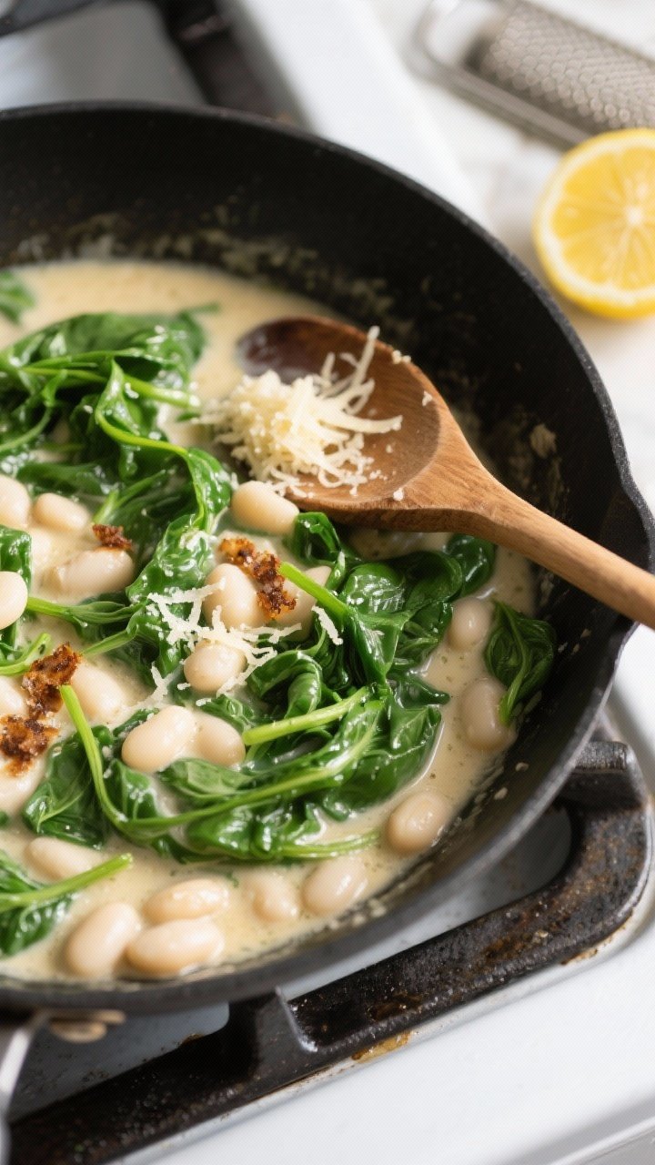 Cooking process: Overhead shot of the sauté in a wide black skillet right after wilting the spinach