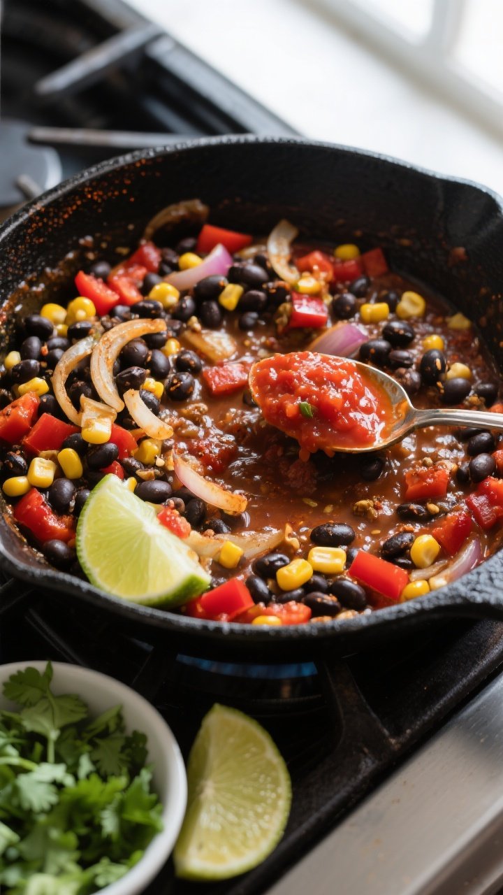 Cooking process: Overhead shot of the skillet filling thickening on the stovetop—black beans, swee