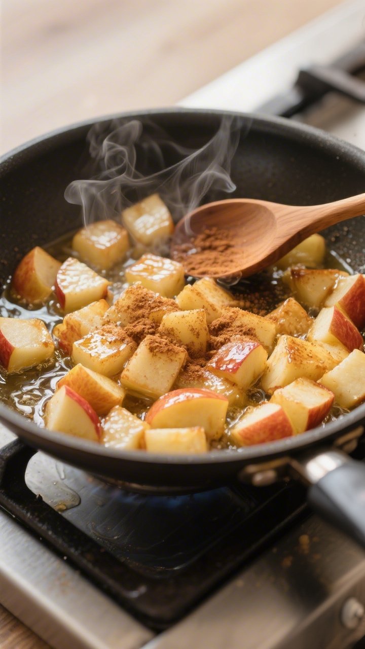 Cooking process: Sautéed apples in a skillet mid-cook—small Honeycrisp cubes turning tender and g