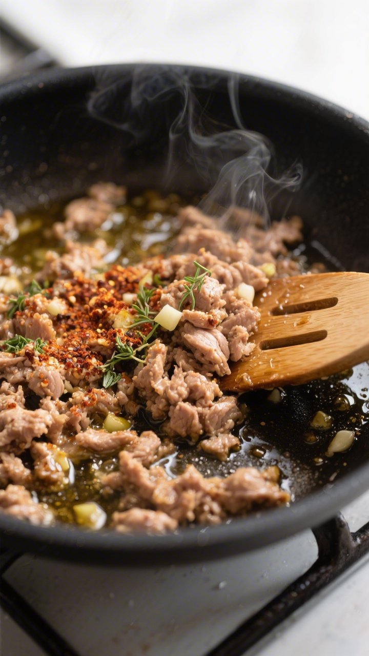 Cooking process — Sautéed turkey: Close-up of browned ground turkey sizzling in a skillet, gliste