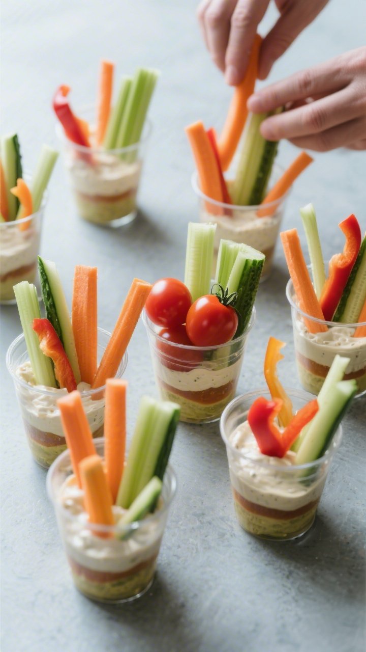 Cooking/process shot: Assembly stage with prepared veggie sticks being arranged upright into the dip