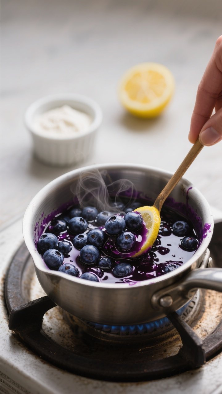 Cooking process shot: Blueberry sauce finishing on the stovetop—plump blueberries bursting in a sm
