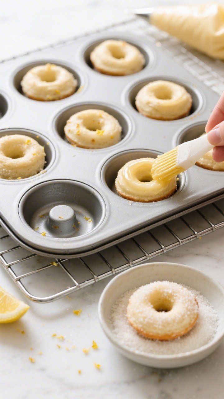 Cooking process shot: overhead view of a greased donut pan on a cooling rack with uniformly baked do
