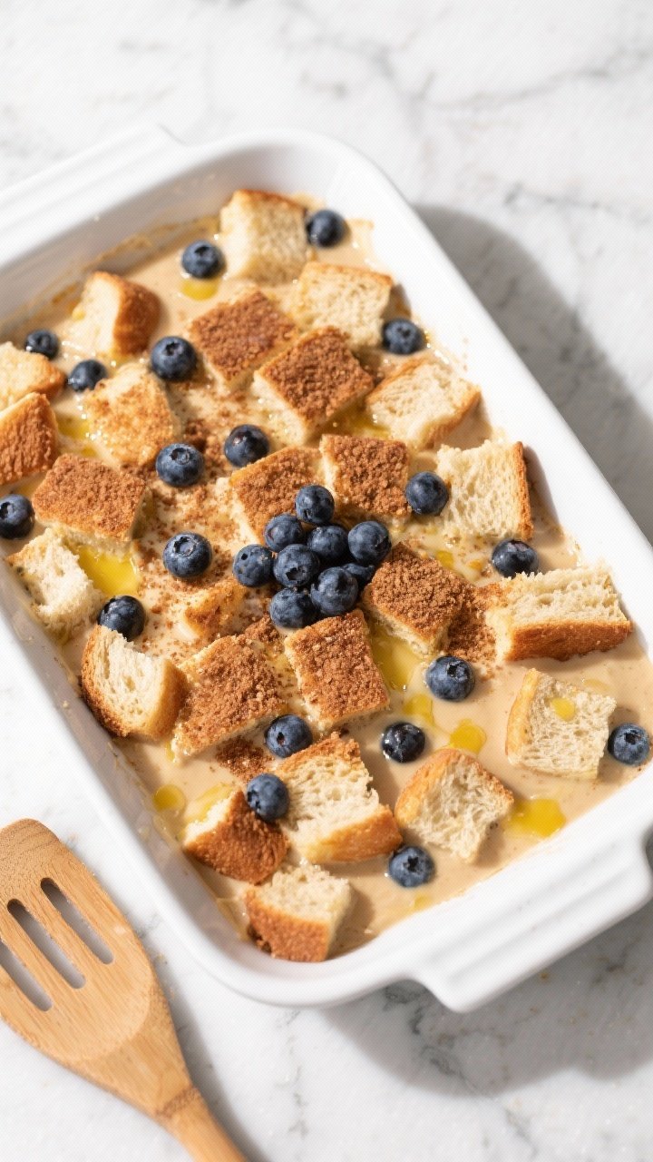 Cooking process shot: Overhead view of the assembled casserole right before baking—bread cubes ful