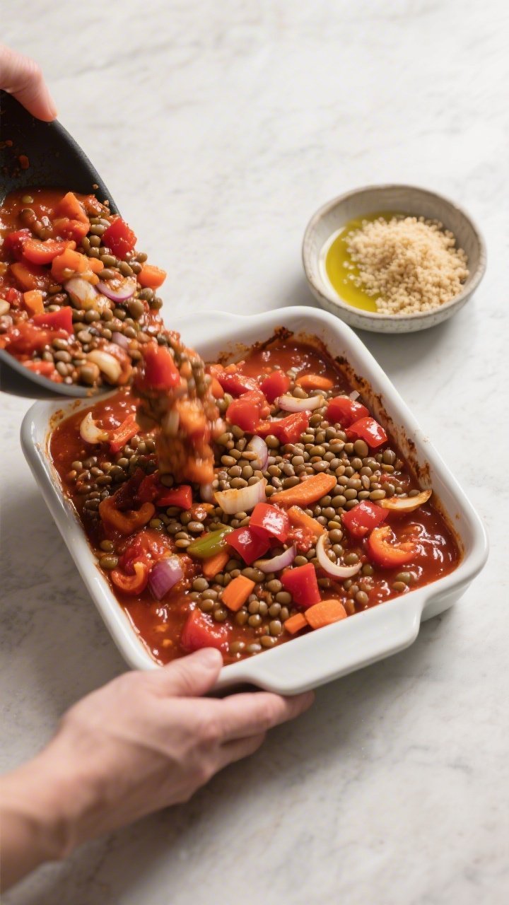 Cooking process shot: the saucy lentil mixture being transferred into a lightly oiled 9x9 baking dis
