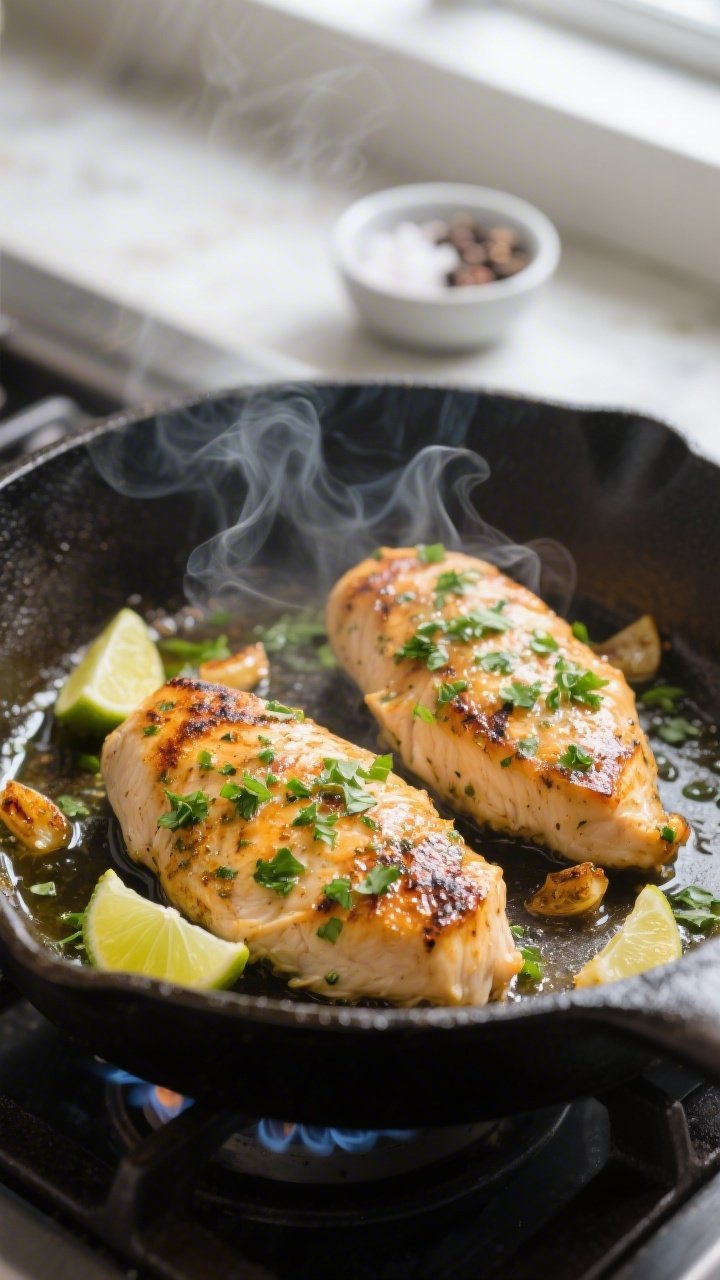 Cooking process, skillet sear: Juicy lime-cilantro marinated chicken breasts sizzling in a cast-iron