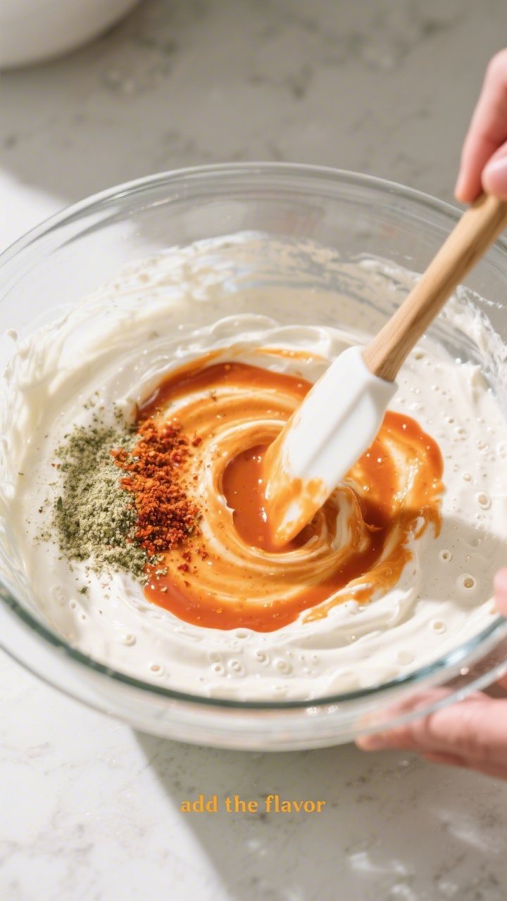 Cooking process: The “add the flavor” step captured mid-mix—smooth blended base in a glass mix