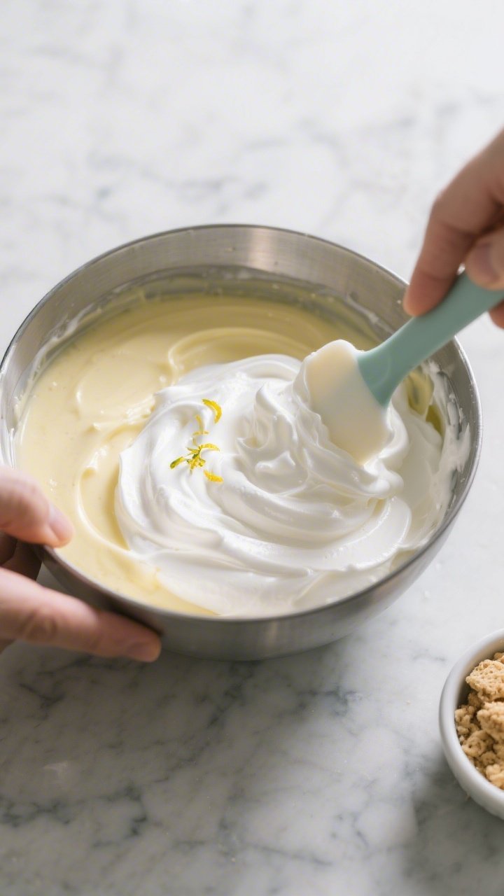 Cooking process: The lemon-yogurt base being gently folded with whipped cream in a chilled stainless