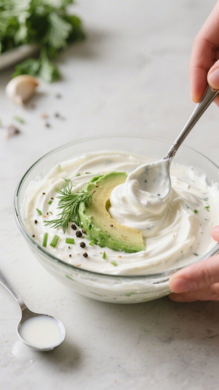 Cooking process: The ranch base being finished in a glass bowl—silky, scoopable sour-cream consist