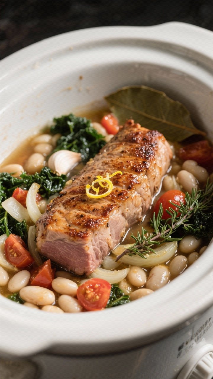 Cooking process: The seared pork tenderloin nestled over a bed of cooked onion, garlic, and white be