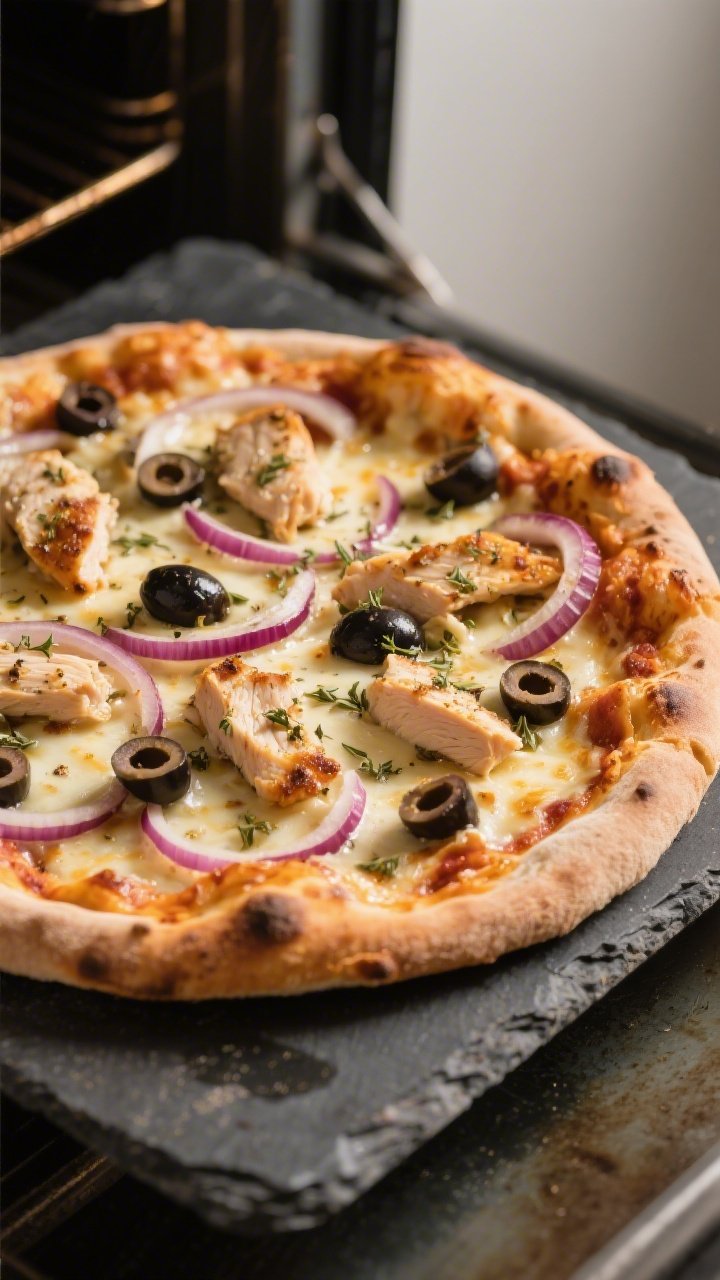 Cooking process, three-quarter angle: Par-baked Greek chicken pizza on a hot pizza stone just slid b