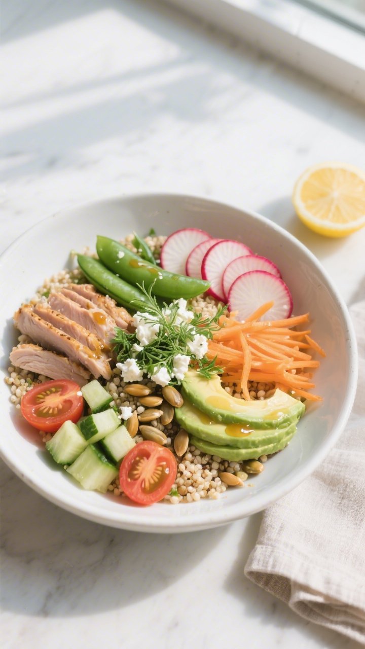 Final dish — Plated bowl beauty: Beautifully plated Turkey & Quinoa Spring Power Bowl in a wide, s