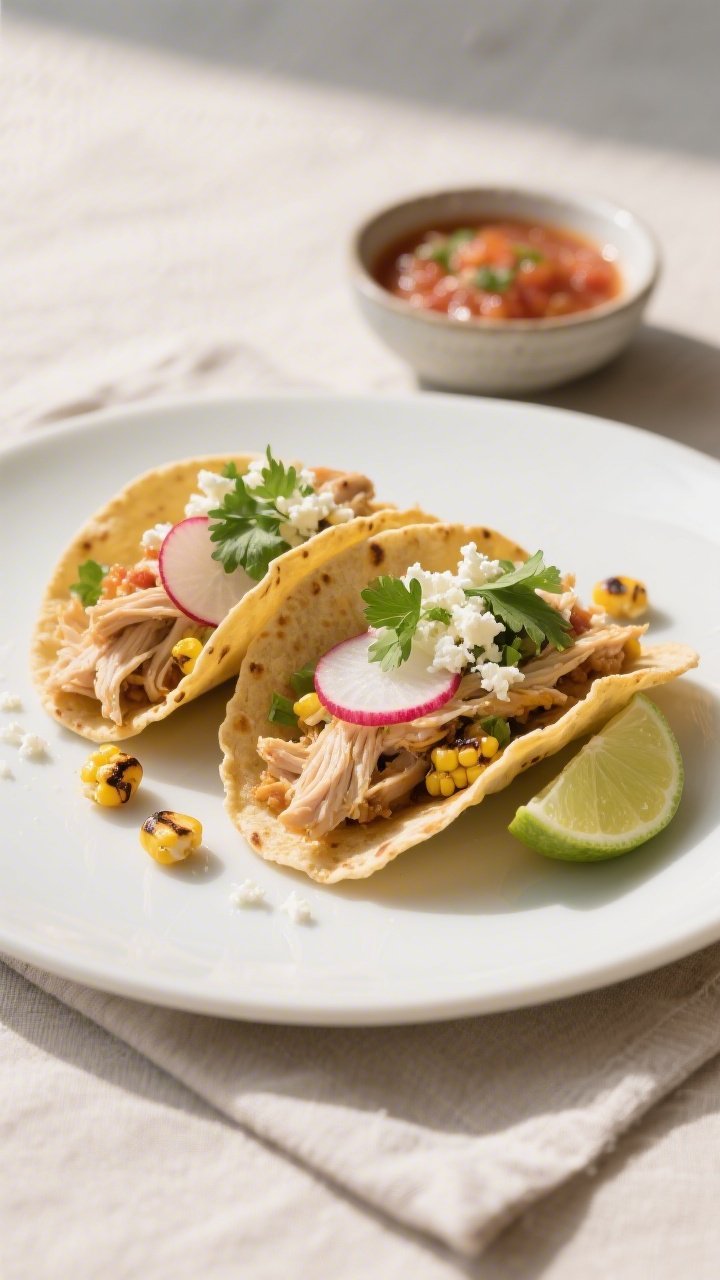 Final dish, plated tacos: Beautifully plated salsa chicken street tacos on warm corn tortillas, pile