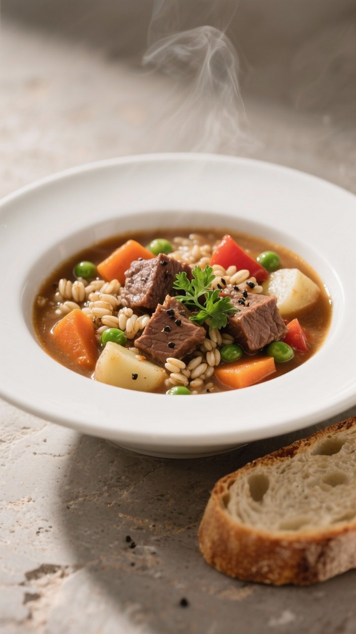 Final dish presentation: A hearty bowl of Slow Cooker Lean Beef Barley Vegetable Stew plated in a wi