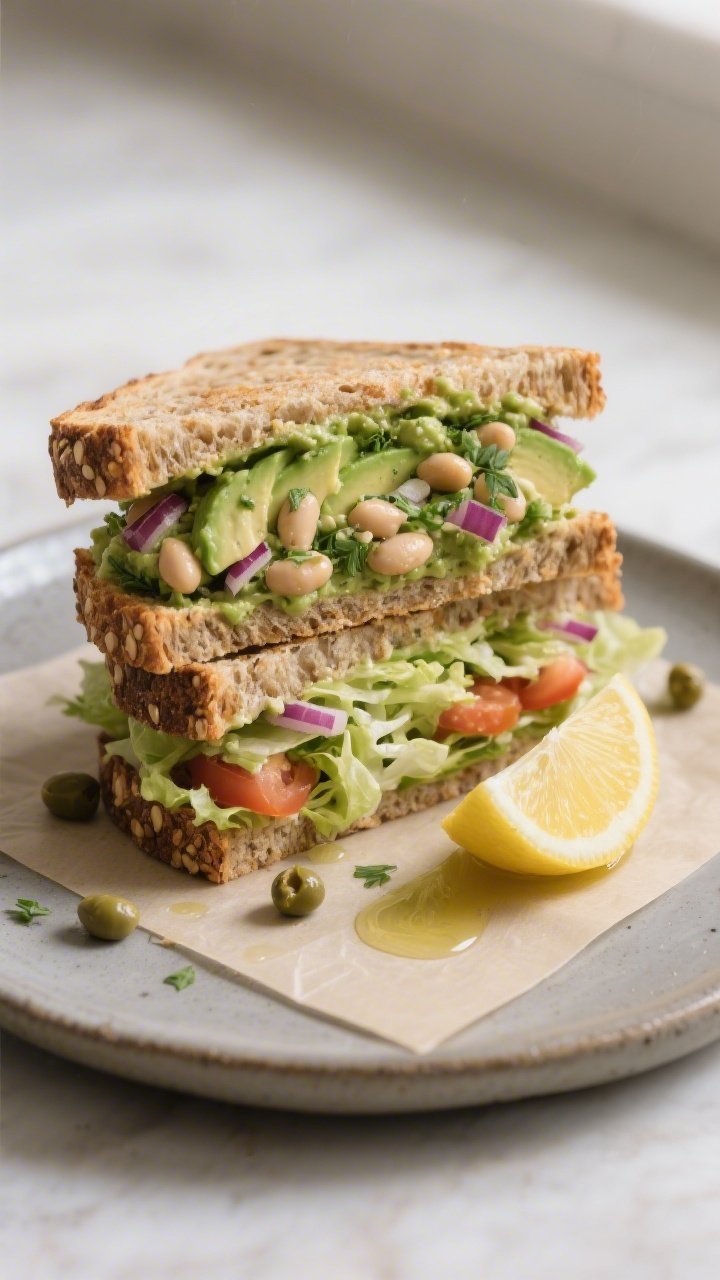 Final dish presentation: A neatly stacked, halved Vegan Avocado White Bean Smash Sandwich on multigr