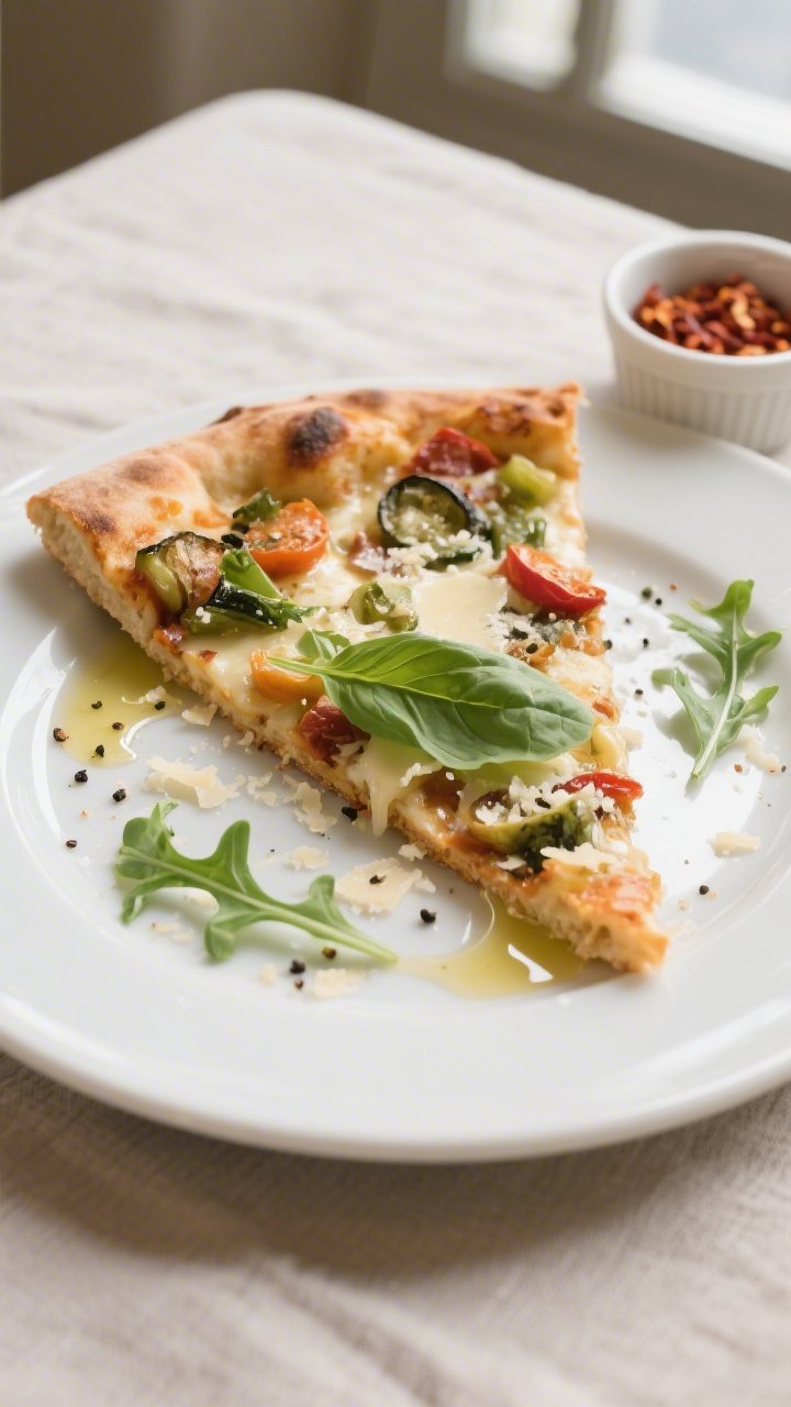 Final dish presentation: A sliced wedge of the veggie pizza on a matte white plate, crust showing a 