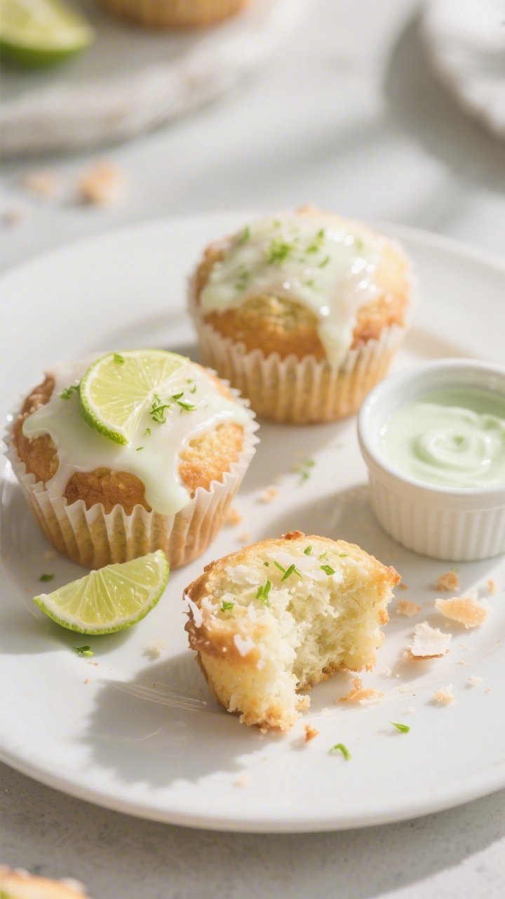 Final dish presentation: Beautifully plated Coconut Lime Yogurt Muffins on a matte white plate, fini