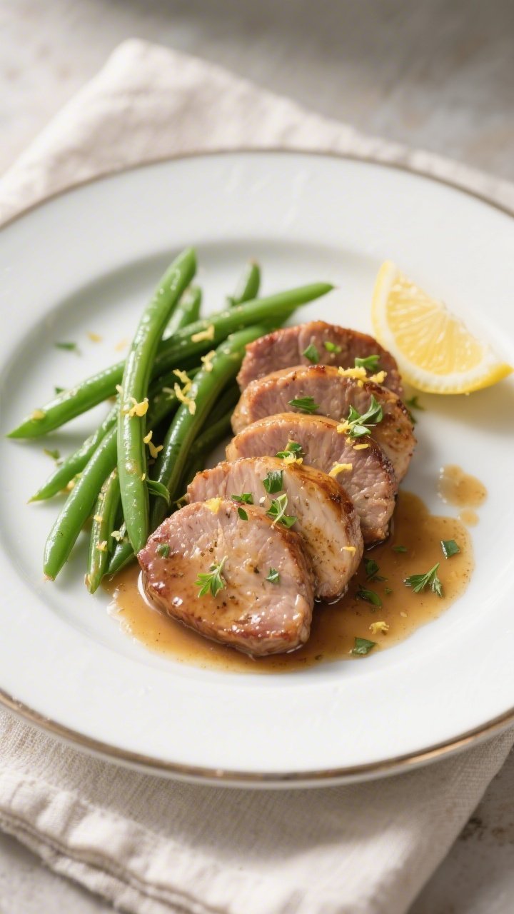 Final dish presentation: Beautifully plated Garlic Herb Pork with Spring Green Beans—fan of 1/2-in