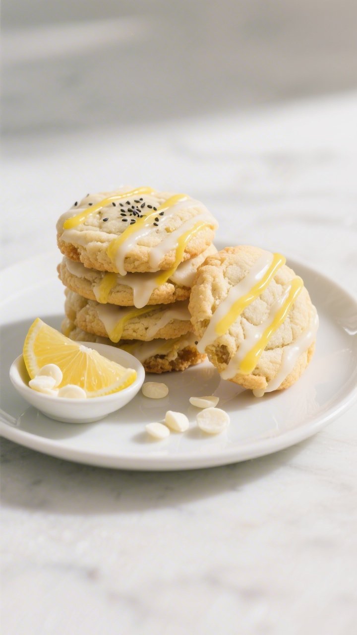 Final dish presentation: beautifully plated lemon cake mix cookies stacked casually on a simple whit