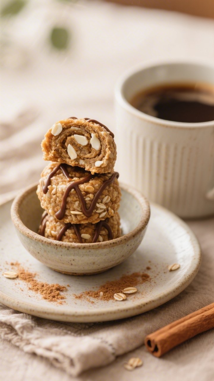 Final dish presentation: Beautifully plated no-bake cinnamon roll oat bites stacked in a small rusti