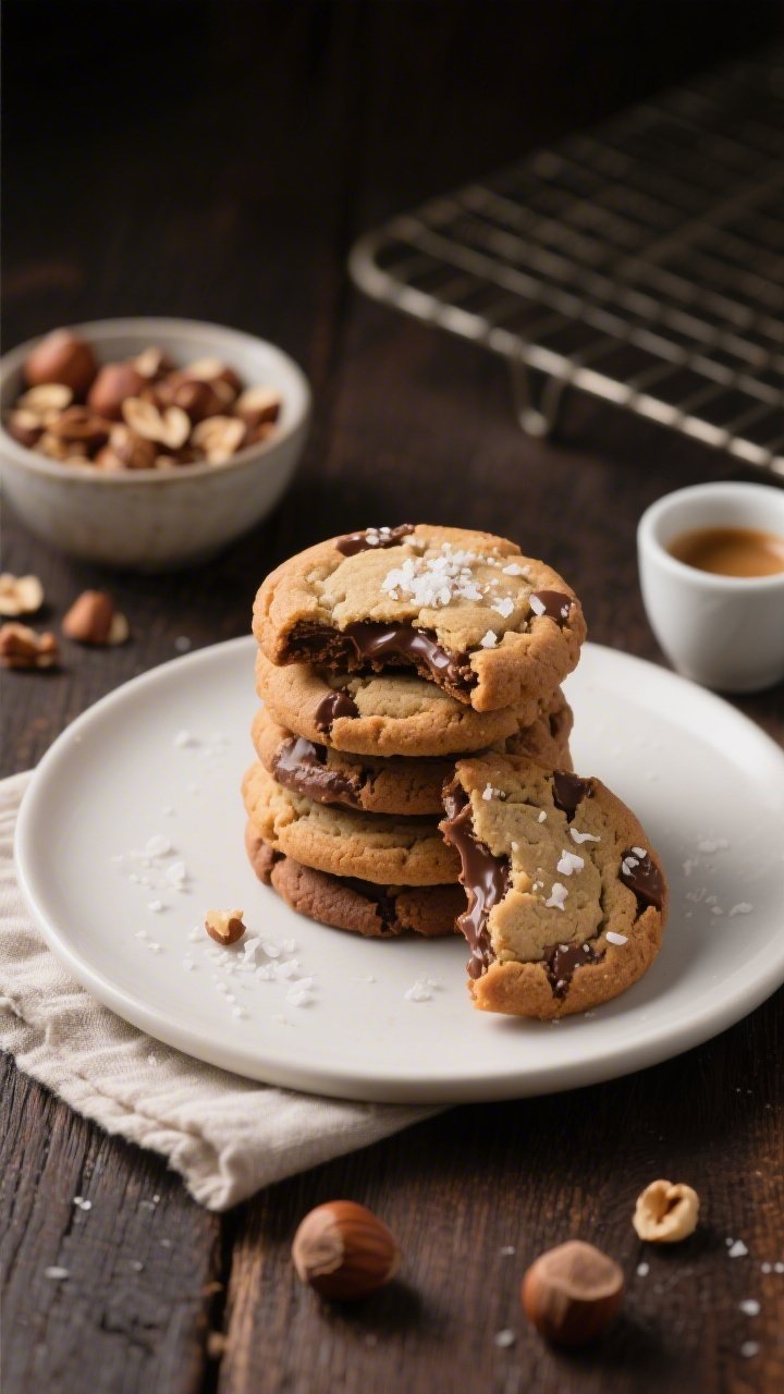 Final dish presentation: Beautifully plated stack of Nutella cookies on a matte white dessert plate,