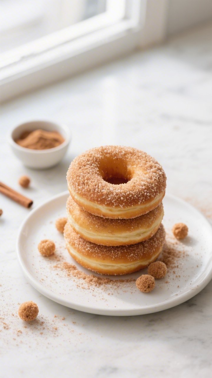 Final dish presentation: Beautifully plated stack of sourdough buttermilk sugar donuts on a matte wh