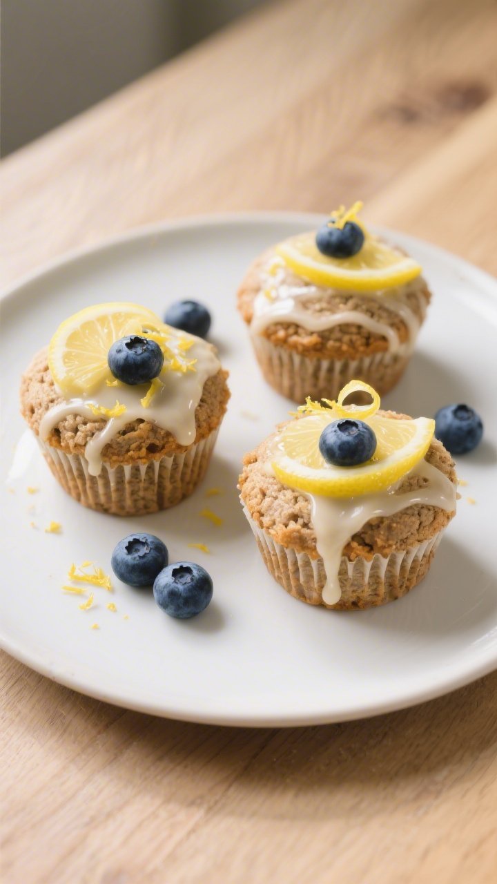Final dish presentation: Beautifully plated trio of Lemon Blueberry Whole Wheat Cupcakes on a matte 