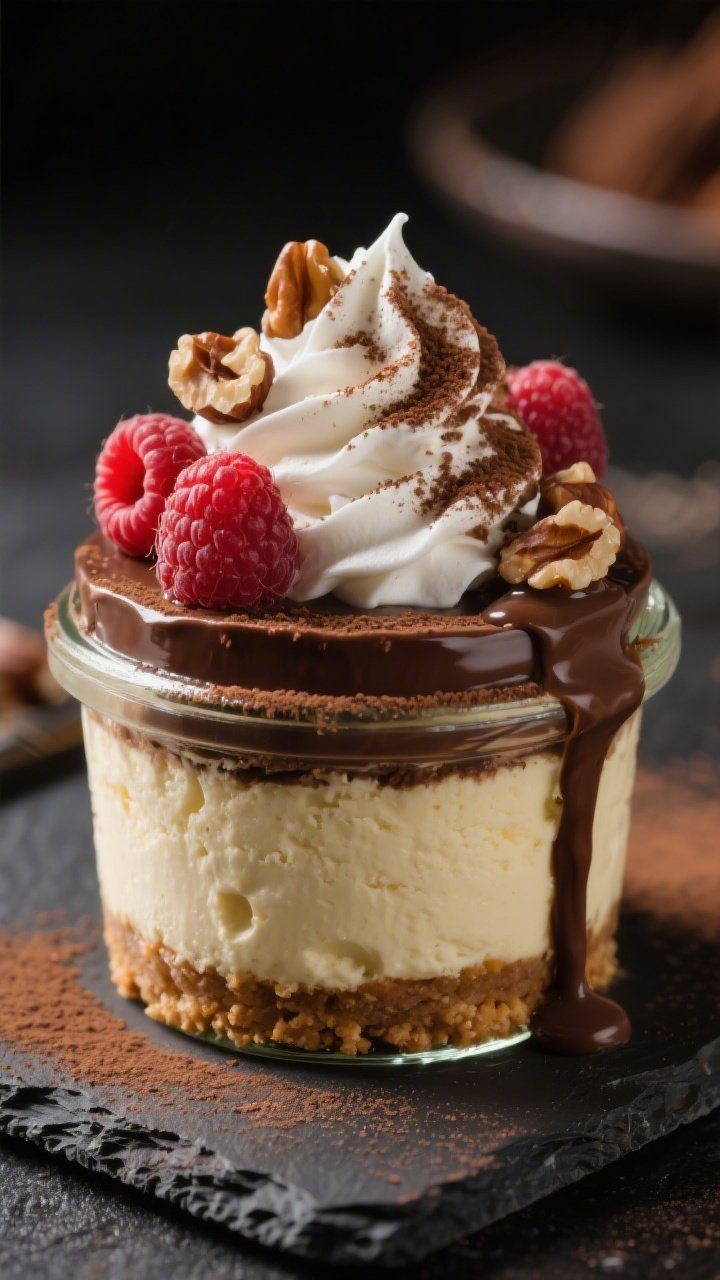 Final dish presentation: Restaurant-quality close-up of a single cheesecake cup in a small clear jar