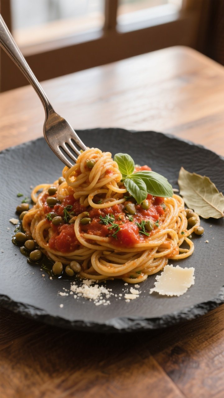 Final dish presentation: Restaurant-quality plate of whole-wheat spaghetti with lentil marinara, a s