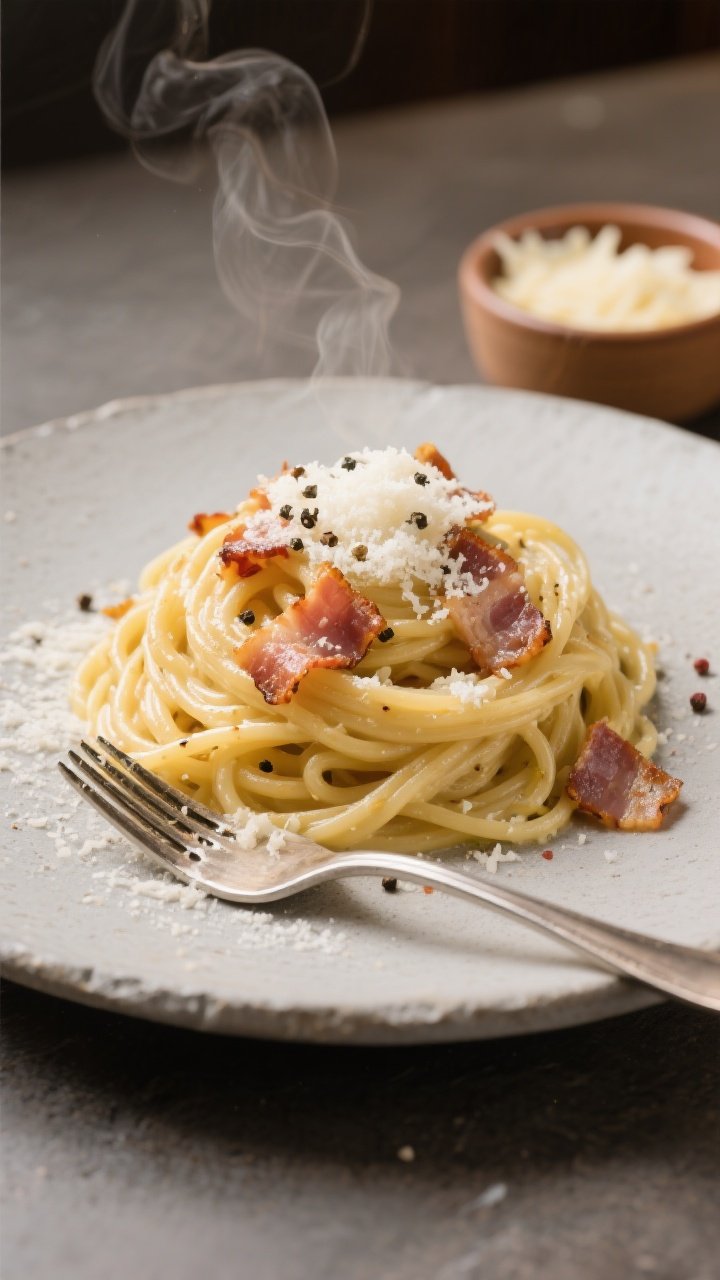 Final dish presentation: Restaurant-quality plate of Spaghetti Carbonara set on a matte stone plate,