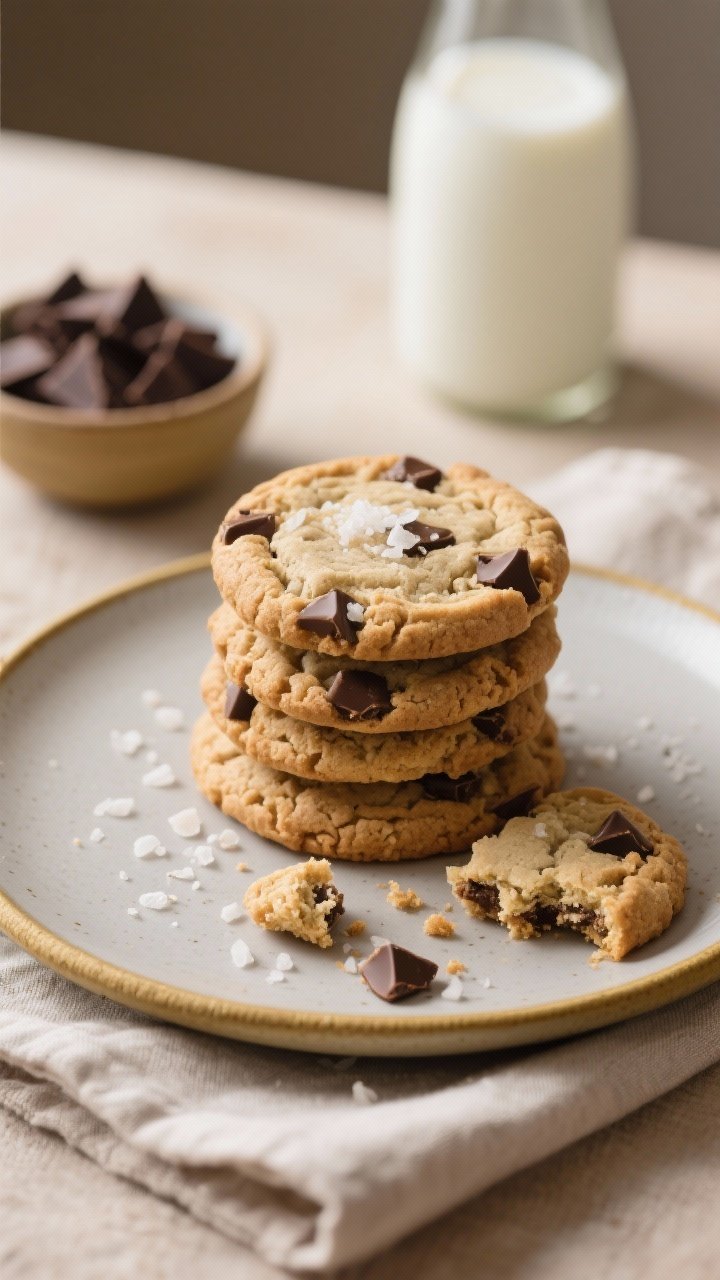 Final dish presentation: restaurant-quality plate of almond flour chocolate chip cookies stacked and
