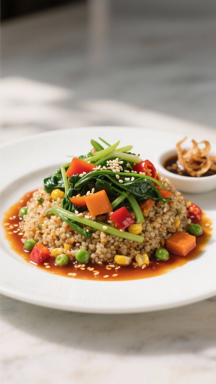 Final dish presentation: Restaurant-quality plated vegan vegetable fried quinoa, neatly mounded on a