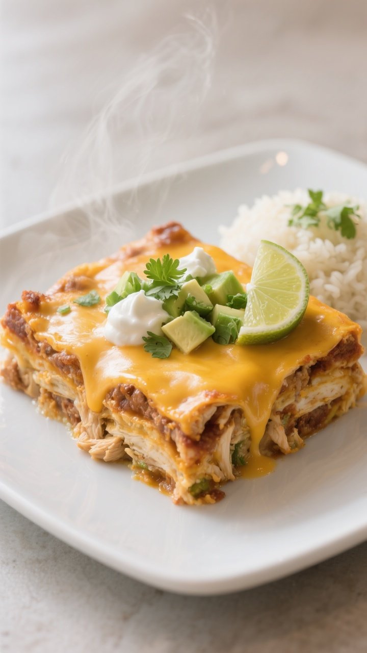 Final dish presentation: Restaurant-quality plated square of Cheesy Chicken Enchilada Casserole on a