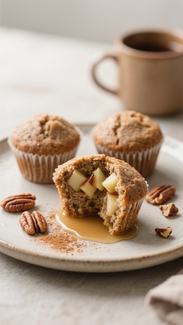Final dish presentation: Restaurant-quality plated scene of 3 buckwheat flour apple cinnamon muffins