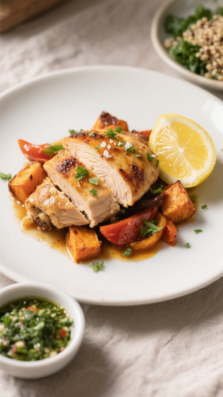 Final dish presentation: Restaurant-quality plated serving of the chicken and sweet potato bake on a