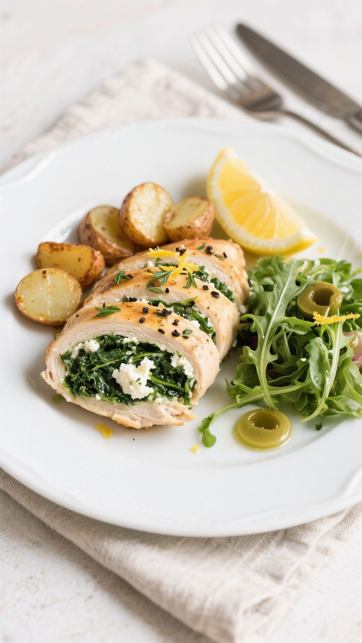Final dish presentation: Restaurant-quality plated Spinach & Feta Stuffed Chicken Breast sliced on a