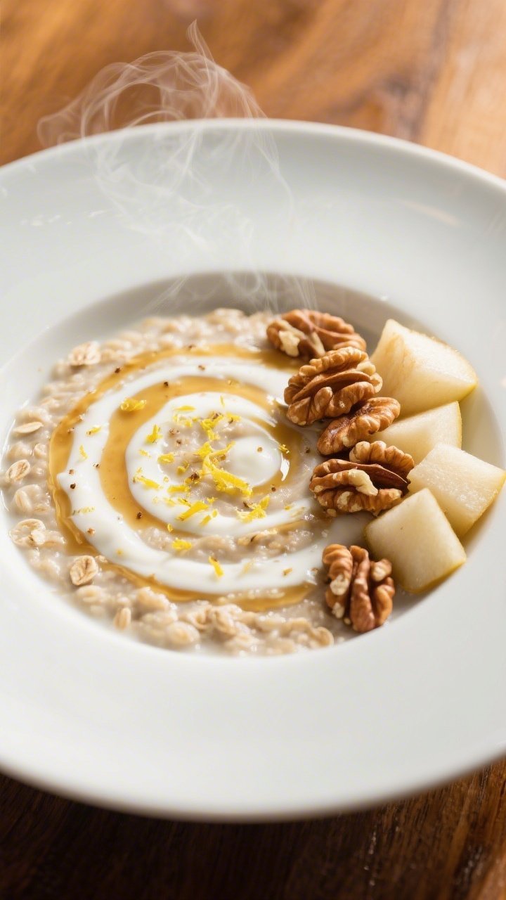 Final dish presentation: Restaurant-quality plated oatmeal in a wide, low white bowl, visually compo